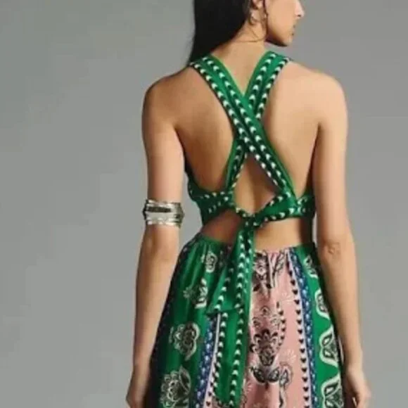 Anthropologie x Farm Rio Cutout Halter Maxi Dress Printed Pink Combo Small New - Picture 5 of 8